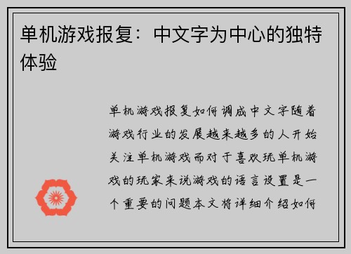 单机游戏报复：中文字为中心的独特体验