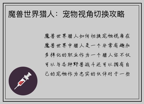 魔兽世界猎人：宠物视角切换攻略
